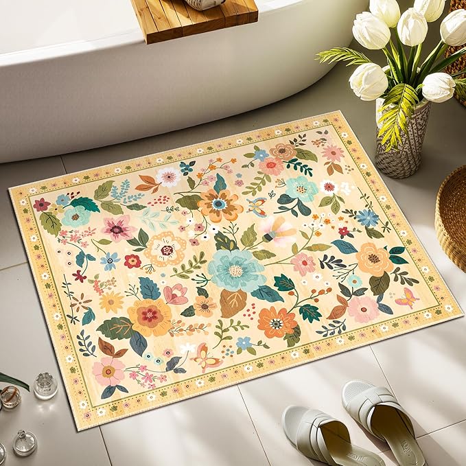 Floral 2x3 Area Rug Machine Washable Soft Print Boho Carpet Non Slip Doormat Low Pile Flower Area Rugs for Living Room Bedroom Nursery Kitchen Dining Room Indoor-Ivory/Yellow