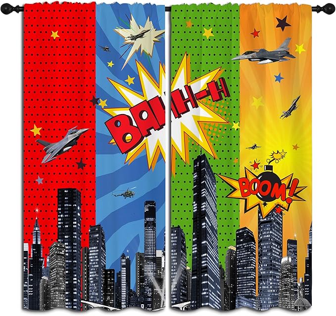 Superhero Rod Pocket Blackout Curtains for Boy Girl Bedroom, City War Explosion Comics Art Home Energy Efficient Light Filtering Window Curtain for Living Room, 84x63 inch