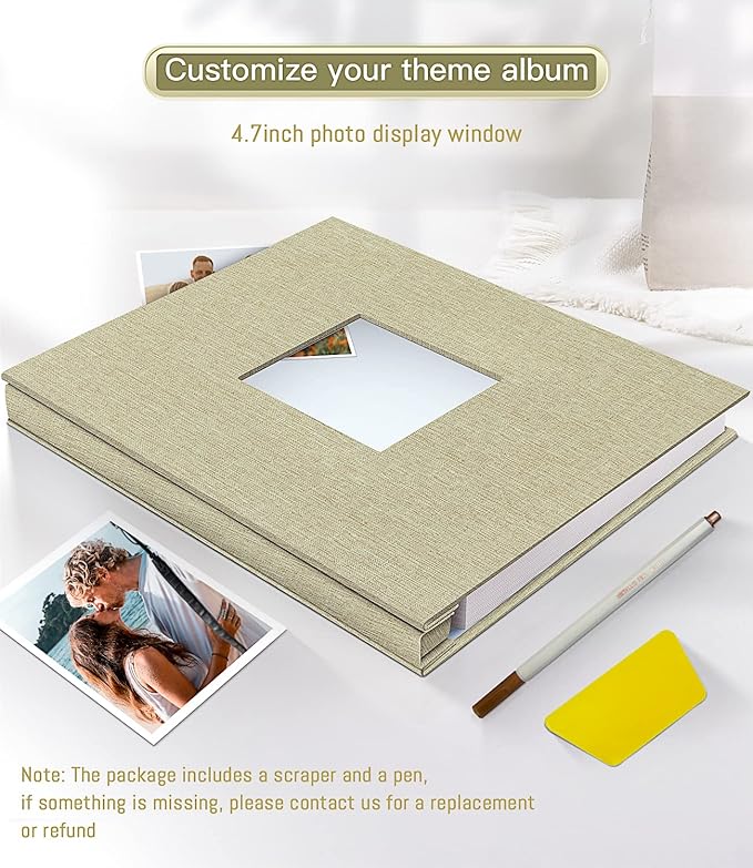 popotop Photo Album Self Adhesive with Picture Display Window,40 Pages DIY Scrapbooking Supplies Kit for 4x6 10x12 Picture,Linen Cover Memory Book for Baby Wedding, with Scraper and Metallic Pen