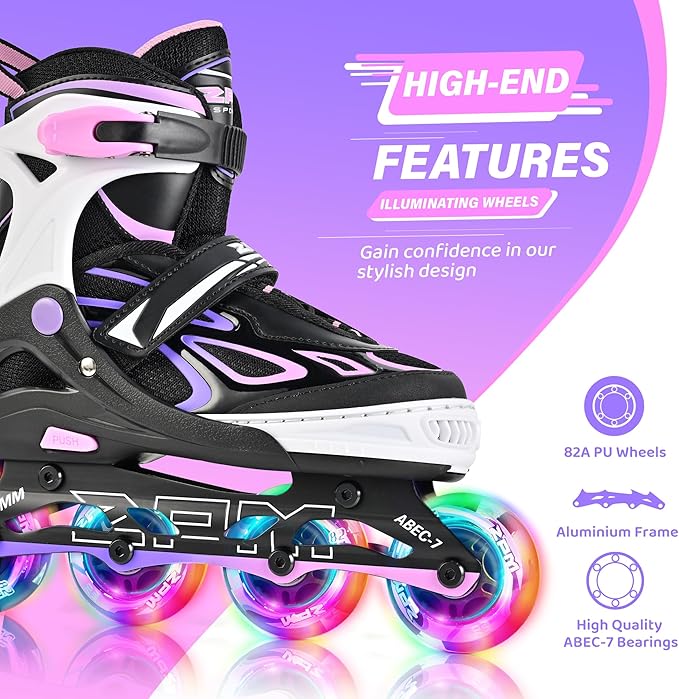 2PM SPORTS Vinal Girls Adjustable Flashing Inline Skates, All Wheels Light Up, Fun Illuminating Skates for Kids Men Adult Women and Boys