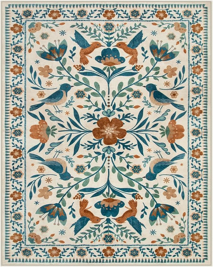 Moynesa Boho Bird Area Rugs 8x10 Rugs for Living Room, Low-Pile Soft Jungle Floral Bedroom Rug Washable Rugs 8x10, Beige Rug Indoor Floor Carpet for Nursery Playroom Dining Room