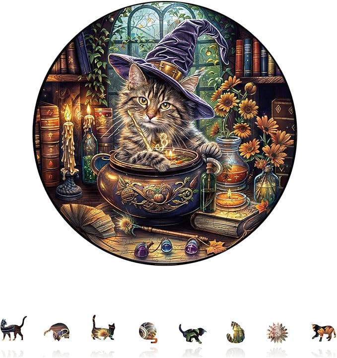 KAAYEE Wooden Puzzles for Adults, 3D Visual Effect Magic Feline Cat Wooden Jigsaw Puzzle Unique Shape Wood Puzzle Adult, 3D Effect Flat Puzzle Birthday Family Game (S-8.5 * 8.5 in-100pcs)