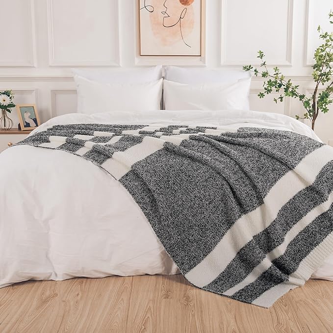 NEXHOME PRO Stripe Cozy Blanket Twin, Knit Fuzzy Throw Blanket for Couch Bed Sofa Picnic, Ultra Soft Blankets for Women Gifts Black 60 x 80 inches