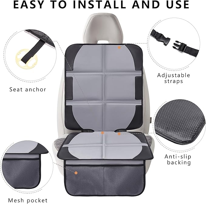 Car Seat Protector, 2 Pack Baby CarSeat Covers with Mesh Pockets & Non-Slip Backing 600D Durable Seat Protectors Under Car Seat for Baby(Gray, Large)