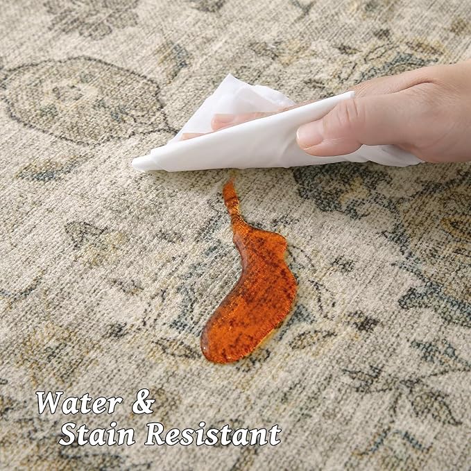 Washable 10x14 Area Rugs for Living Room, Boho Non-Slip Silicone Backing Rugs for Bedroom Dining Room Office, 0.3" Neutral Oriental Throw Carpet with 0.16" Cushioning Pad, Light Brown/Multi