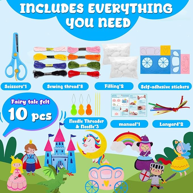 Garma Fairytale Sewing Kit for Kids - 12 in 1 DIY Kids Sewing Crafts Kit for Beginners - Mini Sewing Kits for Kid 5-8 8-12 - Easy Sew Your Own Felt Fairy Tale Craft Set for Boys & Girls Birthday