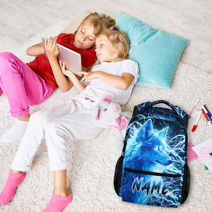 Custom Wolf Backpack for Boys Kids - 17 Inch Personalized Lightning Backpack for School Kindergarten Elementary Primary Senior Middle - Durable Cool Schoolbag with Name