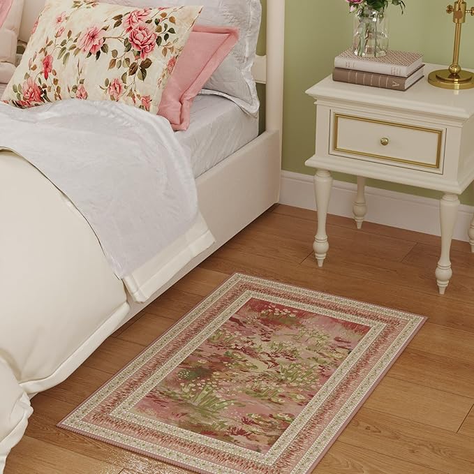 2x3 Rug Impressionist-Style Vintage Indoor Door Mat Machine Washable Small Area Rug Non-Slip Low Pile Throw Rugs for Entryway Kitchen Front Door Indoor Entrance Entry Kids Room, Pink