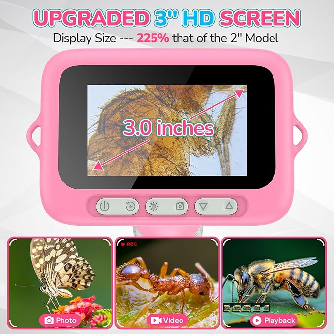 3" Screen Digital Microscope for Kids: 1000X Rechargeable Mini Pocket Portable Miniscope Magnifying Glass 4K Coin Jewelry Loupe Edu Science STEM Toy Xmas Gift 4-12 Boys Girls