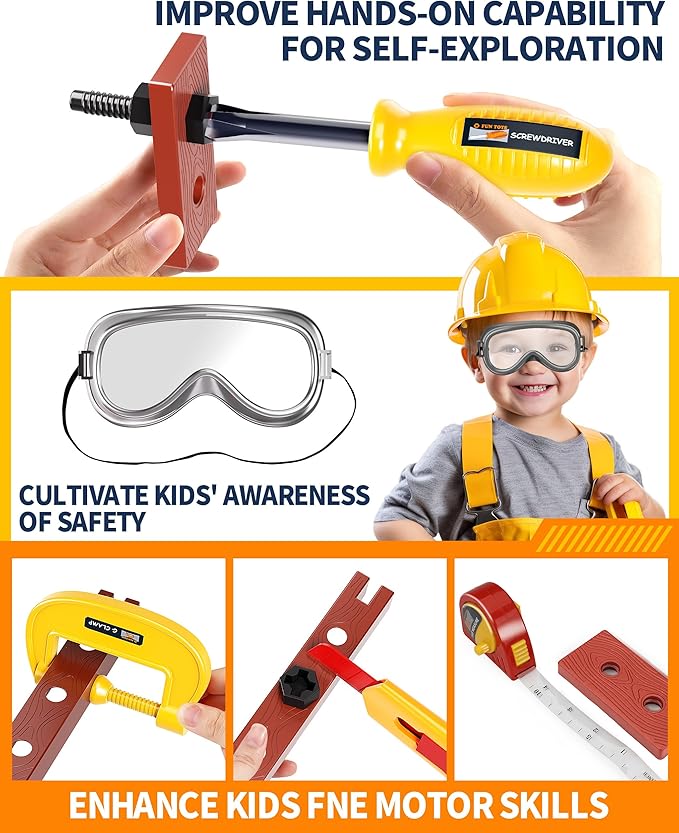 Deejoy 54Pcs Large Kids Tool Set with Electric Saw & Electronic Toy Drill, Pretend Play Kids Construction Set for Toddler 3-5 Years Old, Toddler Boy Toys-Orange