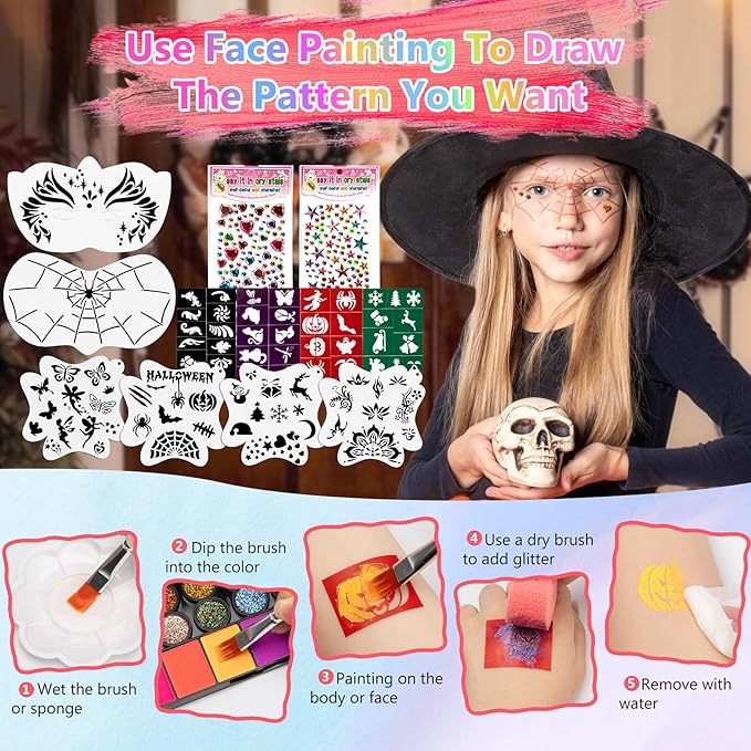 Halloween Face Painting Kit, 42 Color Non-Toxic Water Face Paint Kit with Brushes Gems Stencils, Professional Face Paint for Party, Creative Activity, Birthdays, Halloween Christmas Makeup Kit