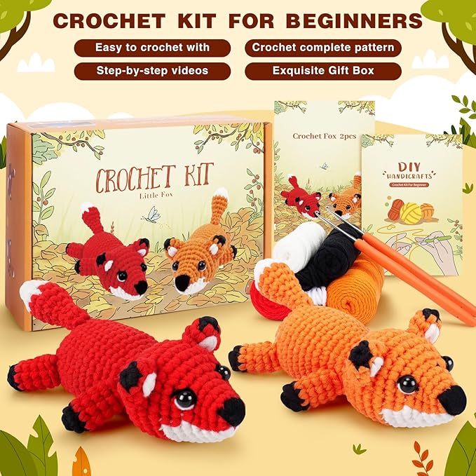 Crochet Kit for Beginners - 2 PCS Fox Crochet Kits with Step-by-Step Video Tutorials, Beginner Crochet Kit for Adults, Crochet Animal Kit for Kids, Crochet Fox Set (Orange & Red)