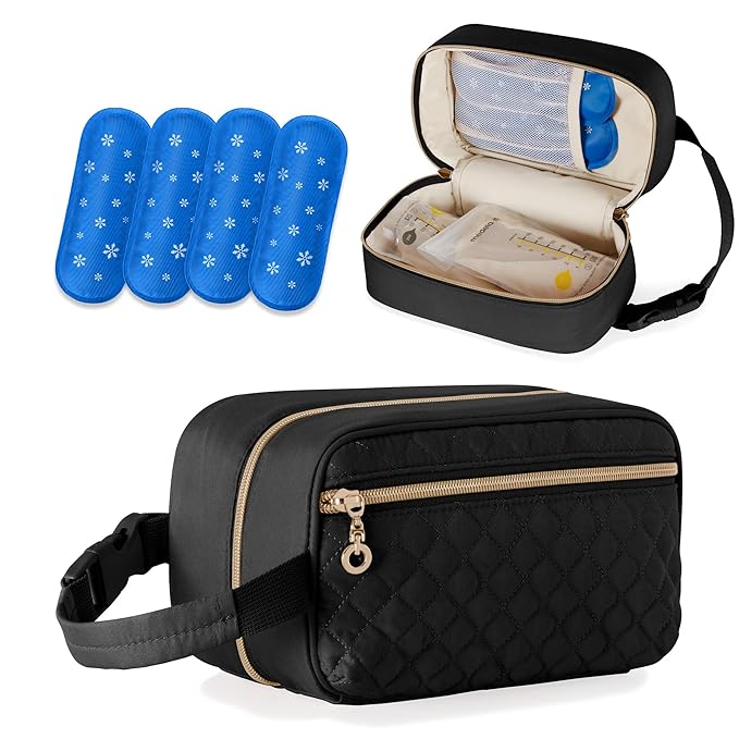Damero Breastmilk Cooler Bag with 4 Ice Packs -Breastmilk Cooler Travel Bag Organizer with Detachable Buckle Handle for Daycare and Breastfeeding Mom,Black