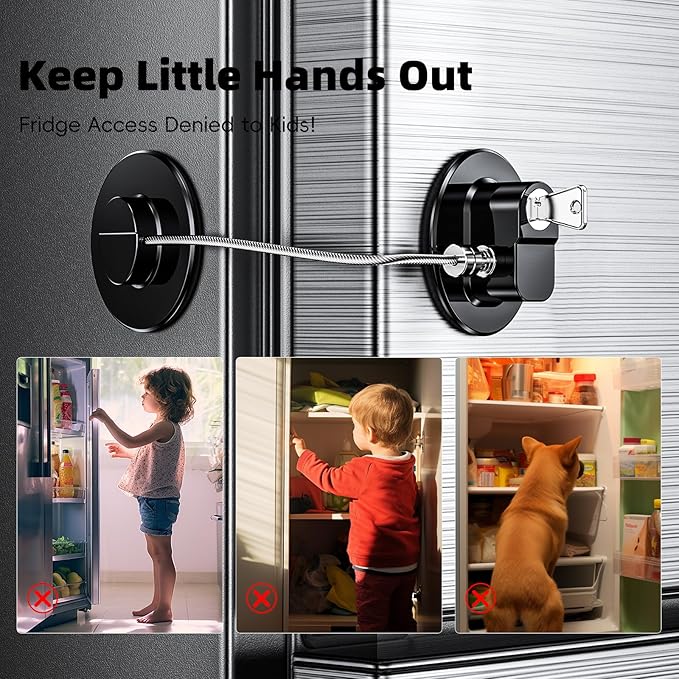 2 Pack Refrigerator Lock with Sticky Adhesive Pads, Child Proof Refrigerator/Fridge/Freezer Door Lock for Toddlers and Kids, Baby Safety Locks for RV Refrigerator, Cabinets and Drawers, Oven (Patent)