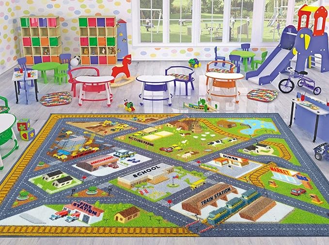 KC Cubs 3x5 Country Farm Construction Car Road Street Rug – Educational Carpet Play Mat for Kids, Toddlers, Nursery, Classroom, Playroom, Baby Daycare