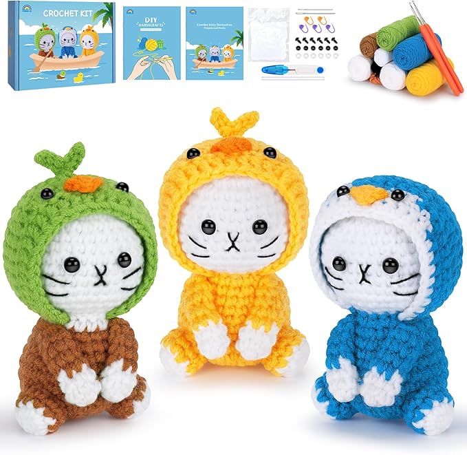 Crochet Kit for Beginners, 3 Pack Duck Cat Crochet Kits with Step-by-Step Video Tutorials, Beginner Crochet Kit for Adults Kid, Crochet Animal Kit for Starters, DIY Craft Gift for Cat Lover