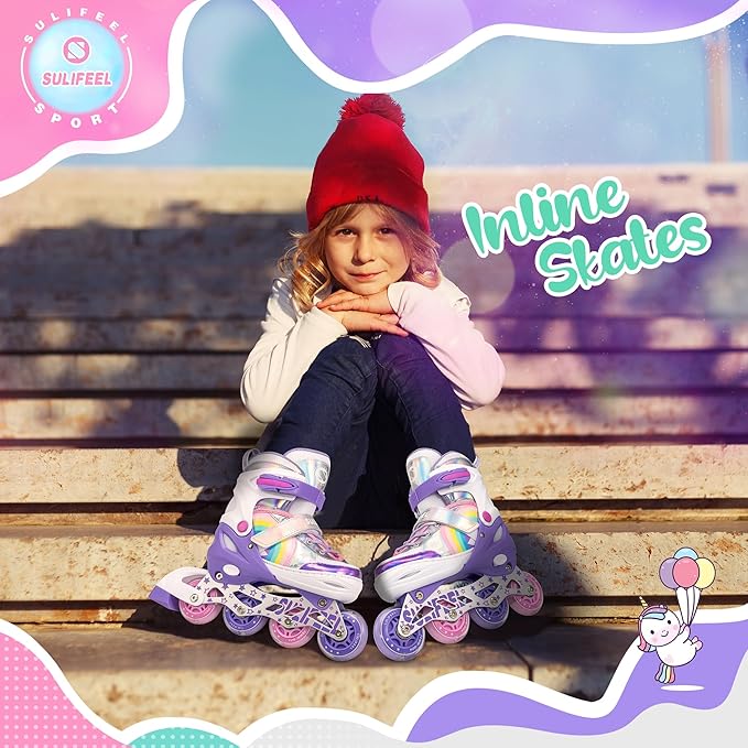 SULIFEEL Rainbow Unicorn Inline Skates for Girls Boys 4 Size Adjustable Light up Wheels Skates for Kids Beginner