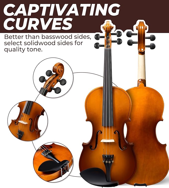 Vangoa Violin 3/4 Size for Kids Full Set, Beginners Fiddle Three Quarter Bundle Acoustic Violins Starter Kit Package Side Solidwood, Hard Case for School Students, Childrens, Adults Ages 9-12