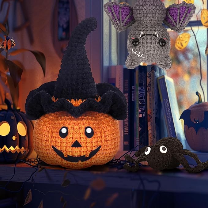 Crochetta Crochet Kit for Beginners, Halloween Decorations, Pumpkin Spider Bat Crochet Animal Kit for Adults and Kids with Step-by-Step Video Tutorials, DIY Knitting(40%+ Yarn)
