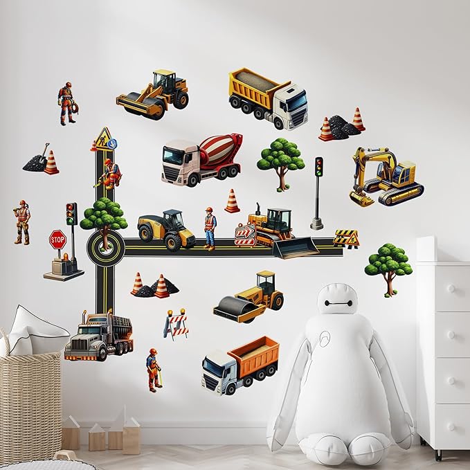 Construction Car Wall Decals for Boys by Lipastick - Road, Trucks, Tractors, Excavators Wall Stickers for Kids Bedroom, Nursery, Playroom - Peel and Stick Transport Themed Wall Decals - L Size