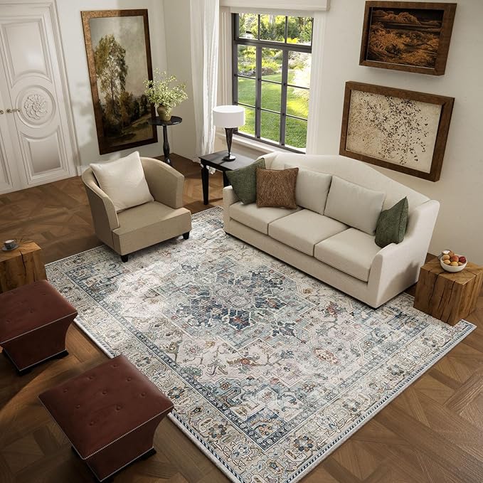 5x7 Area Rugs for Living Room: Washable Bedroom Rug Boho Vintage Rugs Stain Resistant Non Slip Low Pile Soft Lightweight Carpet for Kitchen Dining Room Farmhouse Nursery Kids Room Home Office