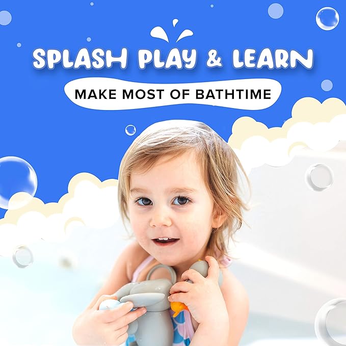 SplashEZ Animals Bath Toys for Toddlers, Mold Free Bath Toys for Kids, No Hole for Water Soft Durable Elephant Play Set for Bathtub, Pool, Shower Boys & Girls, No Mold, Ages 0-1-3-4-5-6-8