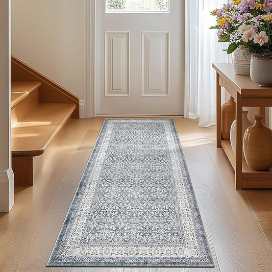 jinchan Runner Rug 2x6 - Machine Washable Grey Vintage Floral Distressed Design Soft Non-Slip Low-Pile Ultra-Thin Runner Rug for Kitchen Hallway Laundry Room Entryway Farmhouse (2‘x6',Grey)