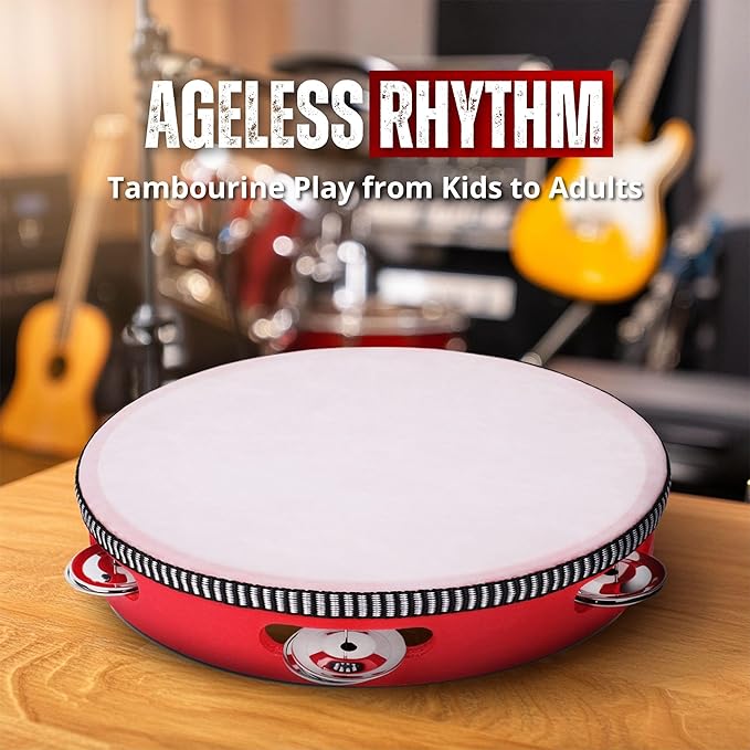 Flexzion Wooden Round Tambourine for Kids and Adults 10" Inch Single Row 8 Pair Jingles, Red Handheld Percussion Instrument for Beginner and Professional Tambourine Player