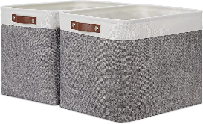 DULLEMELO Storage Baskets Large 16"x12"x12" Rectangular Storage Bins Baskets for Organizing [2 Pack] Fabric Collapsible Storage Organizer for Home,Office,Closet,Clothes,Toys (White&Grey)