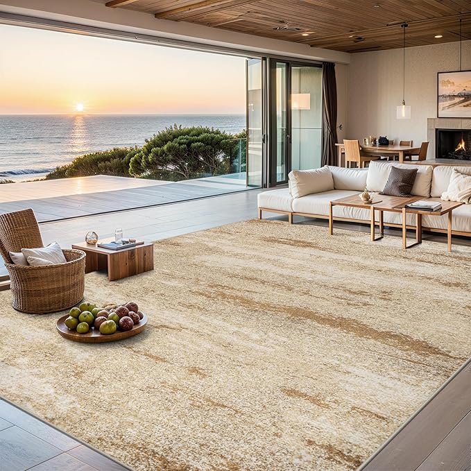 8x10 Area Rugs for Living Room - Washable Rug Modern Abstract Soft Large Neutral Non-Slip Carpet Indoor Floor Stain Resistant Thin Carpets for Bedroom Dining Room Farmhouse Nursery Home Office Beige