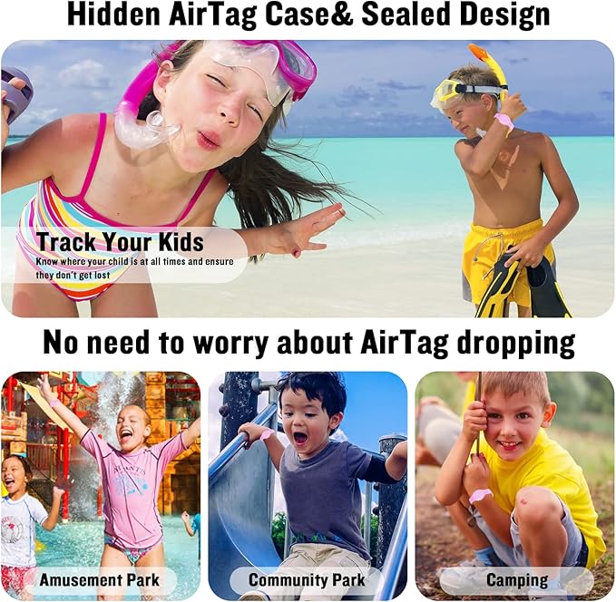 Waterproof AirTag Bracelet for Kids, Hidden Silicone Wristband for AirTag, GPS Tracker Case for Air Tag Holder Strap Band for Child Toddler, Secure Anti-Loss Protection(Pink)