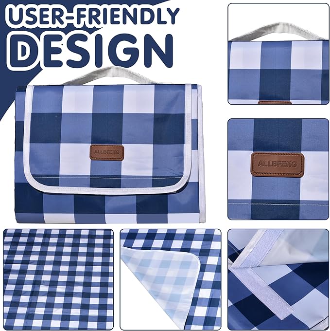 80"x60" Waterproof Sandproof Picnic Mat - Portable Foldable Outdoor Blanket for Beach, Park, Travel & Indoor Use - Lightweight Compact Design, Easy-Carry (Blue&White)