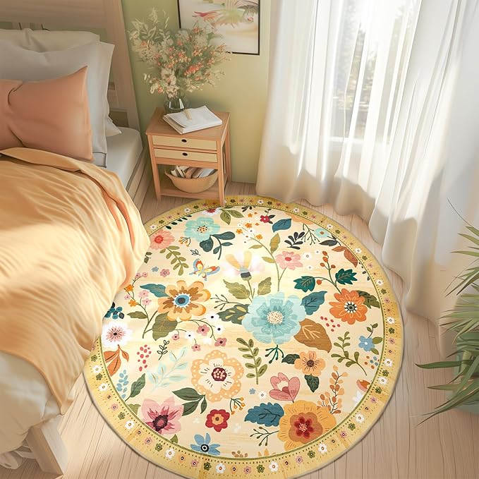 Floral 8ft Area Rug Machine Washable Soft Print Boho Carpet Non Slip Doormat Low Pile Flower Area Rugs for Living Room Bedroom Nursery Kitchen Dining Room Indoor-Ivory/Yellow