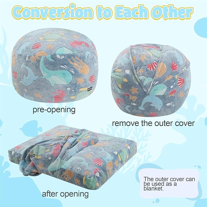 COMAX Kids Bean Bag Chair Turn into Beanbag Bed, Toddler Bean Chair for Girl Boy Sleeping, Lazy Children Bean Bags with Filler, Convertible Child Floor Mattress, Ocean Life