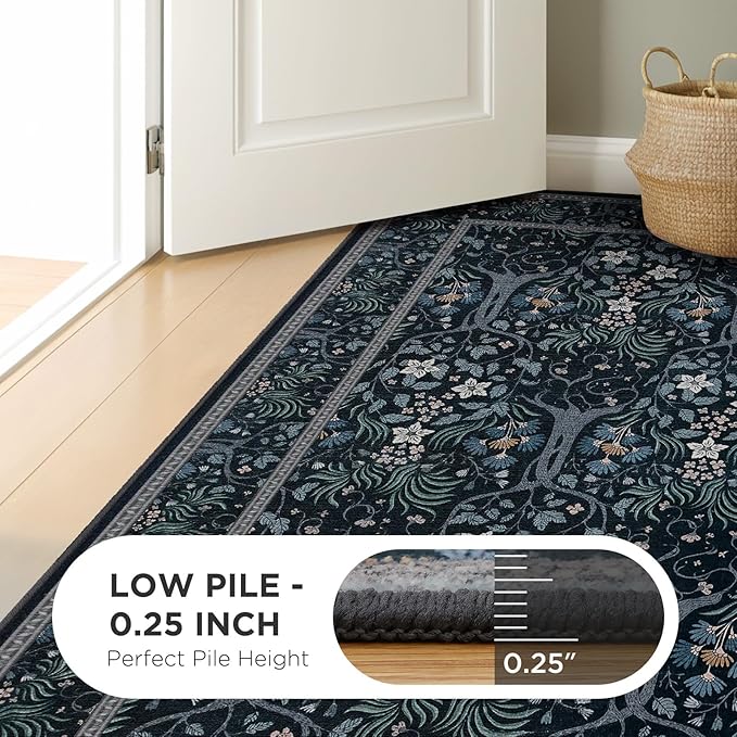Joydeco Machine Washable Area Rugs 5x7, Boho Floral Rug for Bedroom Non Slip, Soft Forest Botanical Low-Pile Floor Indoor Throw Carpet for Living Dining Room Dorm Office, Blue-Black