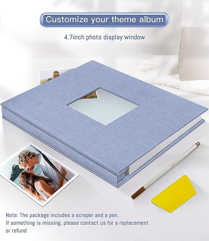 popotop Photo Album Self Adhesive with Picture Display Window,40 Pages DIY Scrapbooking Supplies Kit for 4x6 10x12 Picture,Linen Cover Memory Book for Baby Wedding, with Scraper and Metallic Pen