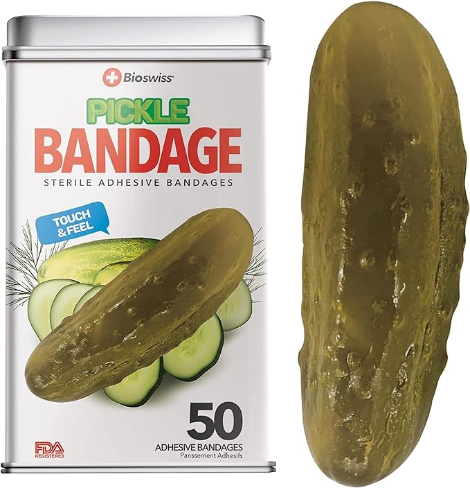 BioSwiss Bandages, Pickle Shaped Self Adhesive Bandage, Latex Free Sterile Wound Care, Fun First Aid Kit Supplies for Kids, 50 Count