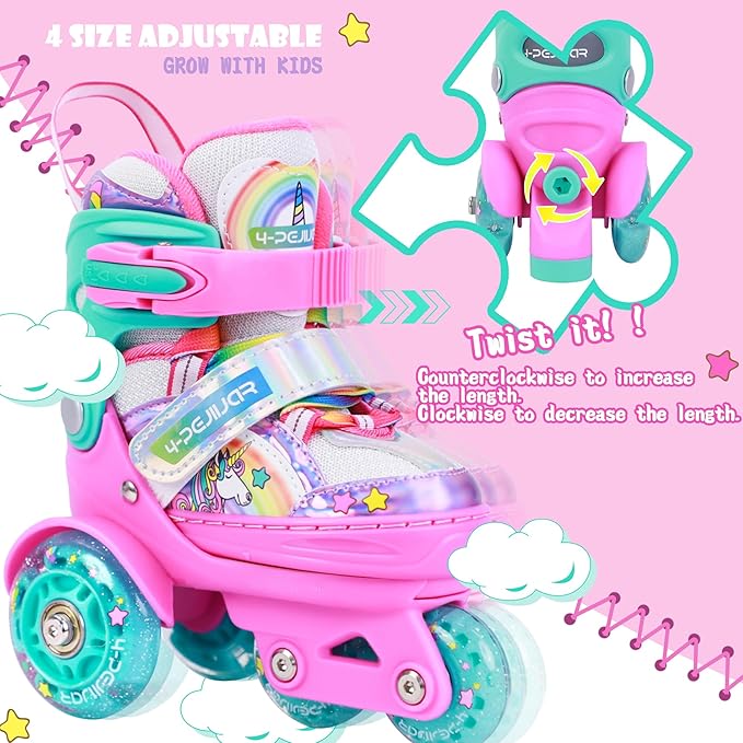 4-Pejiijar Rainbow Unicorn Kids Roller Skates for Girls Toddler Ages 2-4 5-8 8-12,Adjustable Roller Shoes with Luminous Wheels for Birthday Xmas Gifts