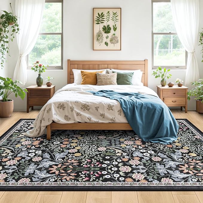 Area Rug Living Room Rugs: Floral 4x6 Washable Rug Vintage Soft Boho Non-Slip Carpet Indoor Floor Stain Resistant Large Carpets for Bedroom Dining Room Farmhouse Nursery Hallway Home Office Dark Black