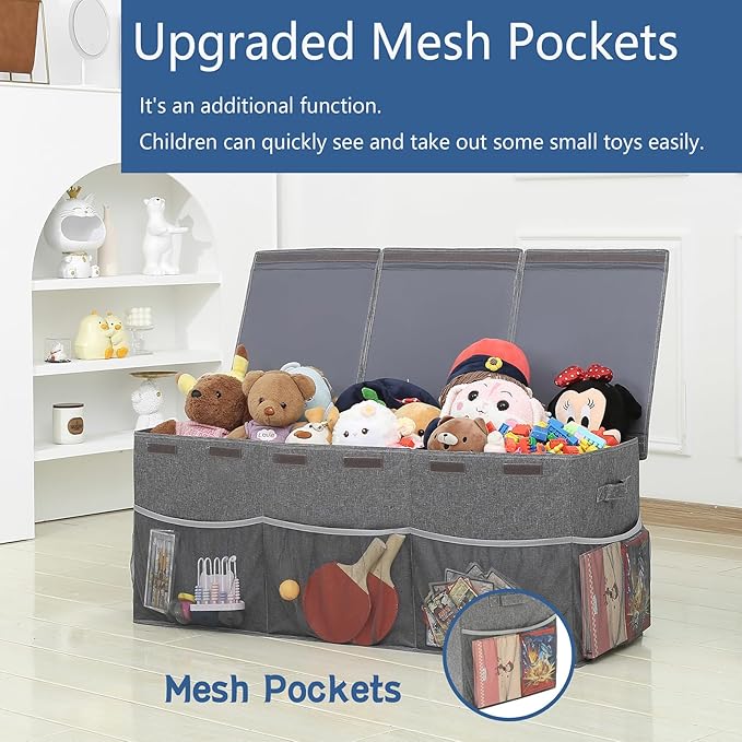 Extra Large Toy Box Chest with Mesh Pockets, Kids Toy Storage Organizer Bakest Box, Foldable Toy Organizers and Storage Bin with Lids, Toy Bin for Kids, Boys,Girls,Nursery,Playroom,Office