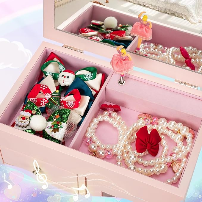 Miratino Jewelry Box for Girls, Kids Jewelry Box with Spinning Dancer, 5 Layer Large Wooden Musical Jewelry Organizer Box Gifts for Little Girls Christmas New Year Birthday Children's Day(Pink)