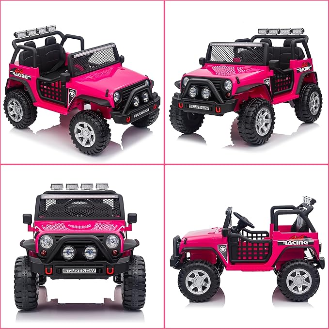 24V 4WD Ride on Truck Car w/800W Motors, Gift Flower, Remote Control, 2 Seaters, Light Bar, 3 Speeds, Pop Music, Power Four Wheels, 24 Volt Ride on Toy Car for Big Kids, Rose Red