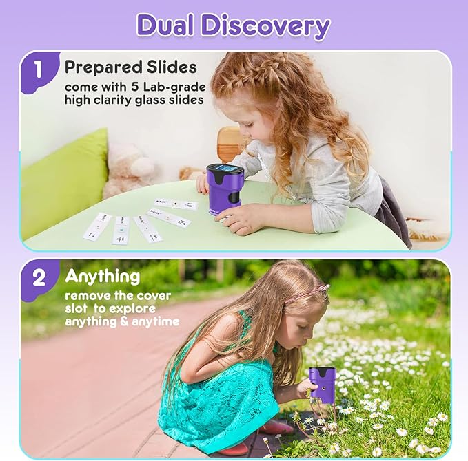 1000X Handheld Microscope for Kids 4K 2.0" Screen Rechargeable Mini Pocket Digital Microscopes w/Slides Kit Portable Edu Gift Age 4-6 8-12 Children Students (Purple)