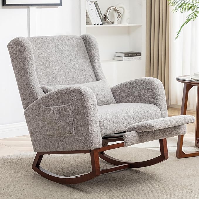 Rocking Chair Nursery with Foot Rest, Wingback Nursery Rocking Chairs, Teddy Nursing Glider Rocker Chair with Pillow and High Back for Nursery, Living Room, Bedroom, Grey