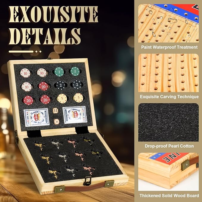 21 Inches Horse Racing Game, Horse Race Board Games with 11 Luxury Metal Horses,Thickened Wood Chessboard,Chips,Cards and Dice,Classic Wooden Table Top Board Games for Adults and Family