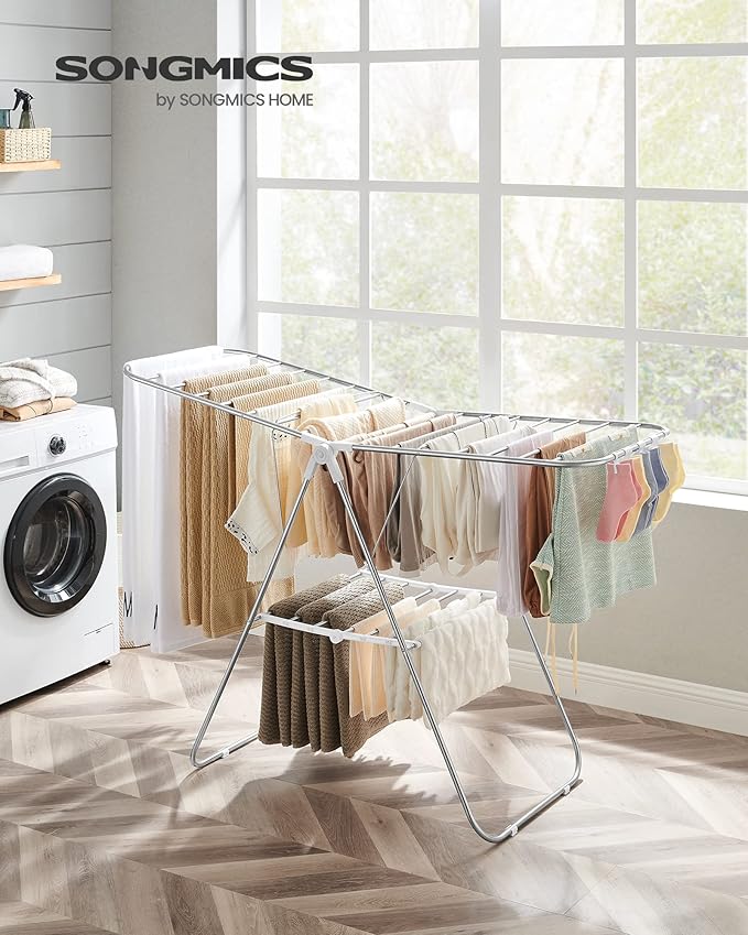 SONGMICS Clothes Drying Rack, with Sock Clips, Metal Laundry Rack, Foldable, Space-Saving, Free-Standing Airer, with 2 Height-Adjustable Gullwings, Indoor Outdoor Use, Silver and White ULLR052W01