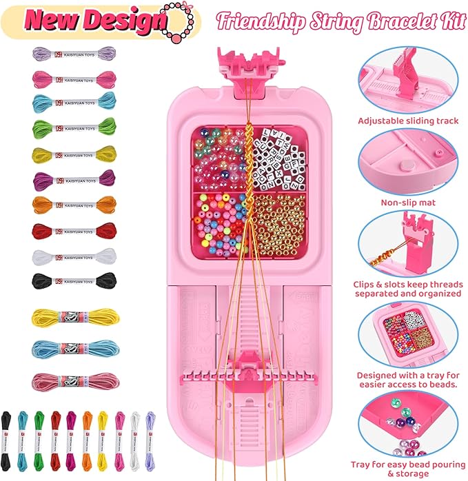 Friendship Bracelet Making Kit, Arts and Crafts Loom Bracelet Maker for Kids, Jewelry String Making supplies with 3 Thread Styles & 6 Bead Types, Christmas Birthday Gifts for Girls Ages 6 7 8 9 10+