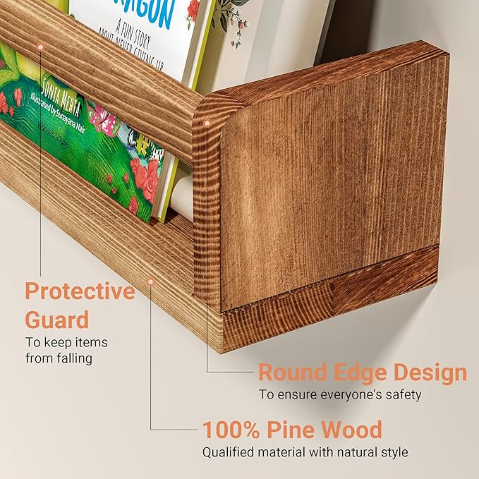 Heimlove Nursery Floating Shelves, Nursery Book Shelves for Wall, 16 inch Wall Bookshelf for Kids Solid Wood Wall Mounted Shelves for Books,Toys and Decor Storage, Set of 2