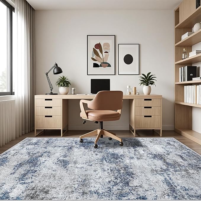Area Rugs 8x10 Living Room Rugs: Modern Abstract Washable Rug with Non-Slip Backing, Stain Resistant Indoor Floor Large Carpet for Bedroom Dining Room Table Nursery Hallway Home Office Blue/Gray/Black