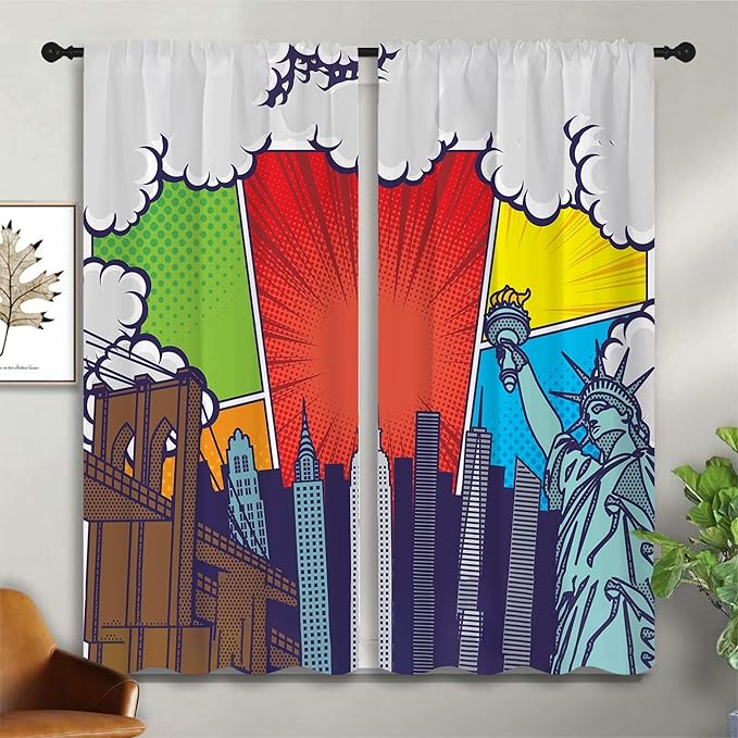 City Rod Pocket Blackout Curtains for Boy Girl Bedroom, Pop Art Style New York Cityscape Thermal Insulated Home Window Drapes for Living Room Darkening, 42x45 inch